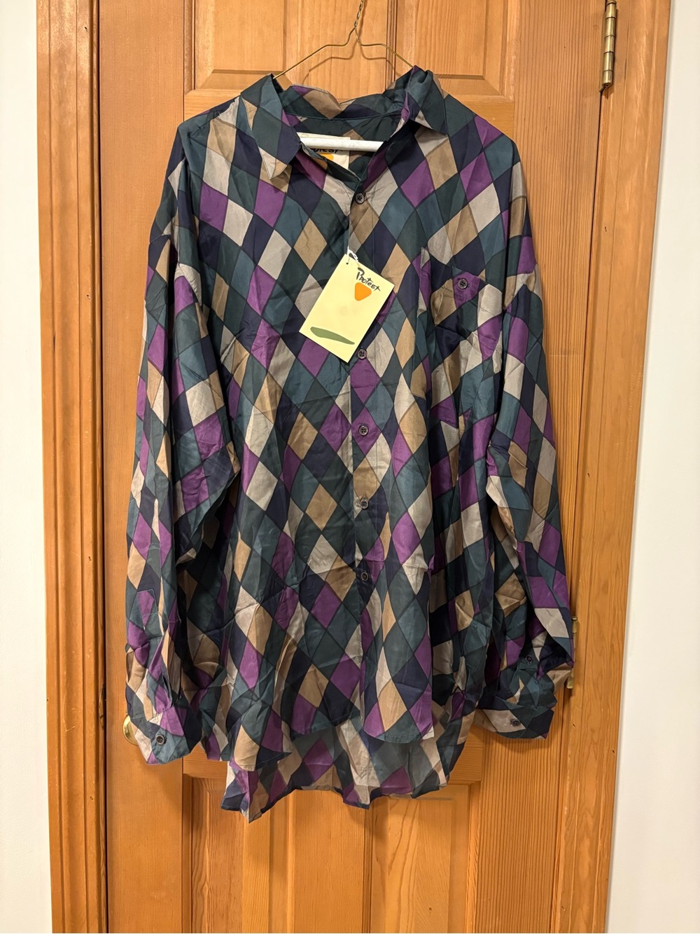 NWT 80’s Men’s Vintage Protest silk diamond pattern long sleeve shirt